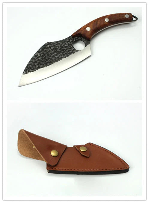 Forged stainless steel boning knife with ergonomic handle and leather sheath