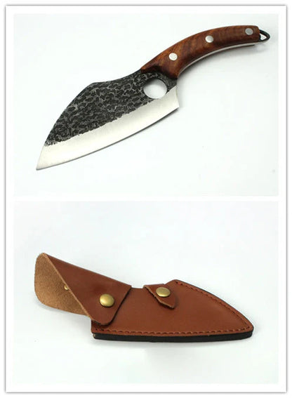 Forged stainless steel boning knife with ergonomic handle and leather sheath