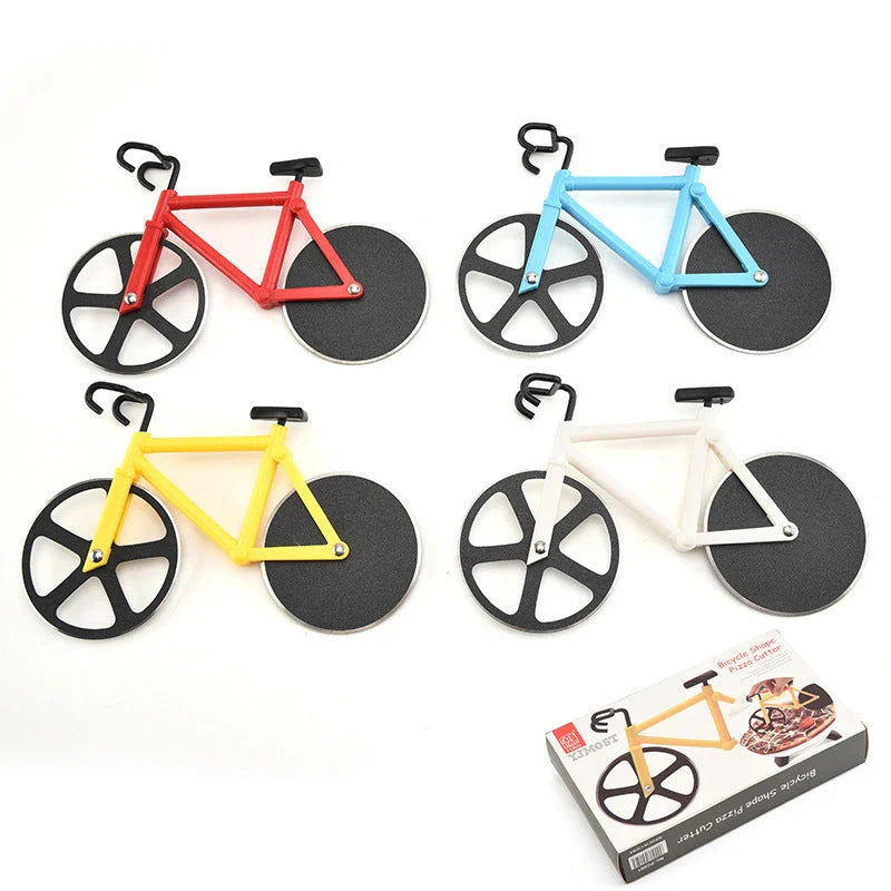 Stainless steel pizza cutter with modern bicycle-inspired design for effortless slicing of pizzas, flatbreads, and more