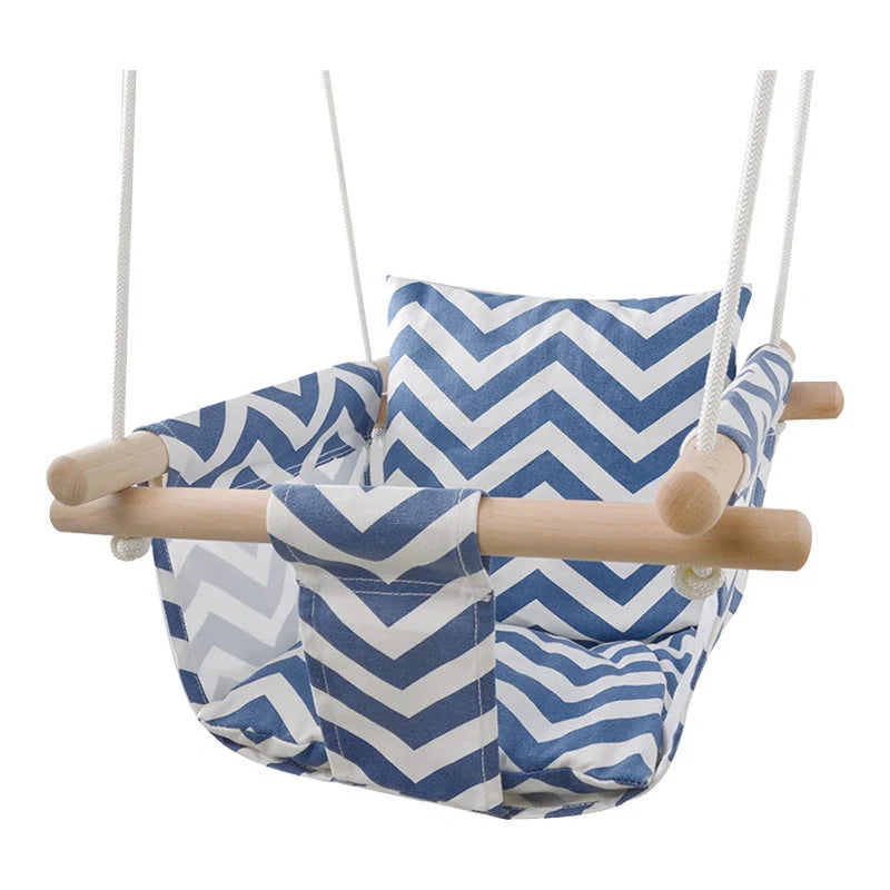 Infant hanging chair with blue and white canvas seat and adjustable rope
