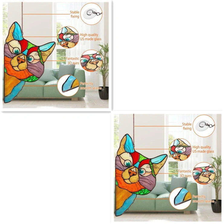 Colourful stained glass cat window hanger decoration, reusable PVC sticker