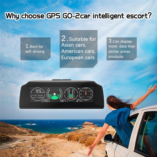 GPS GO 2 Car HUD with Satellite-powered Speed, Tilt, and Navigation Displays