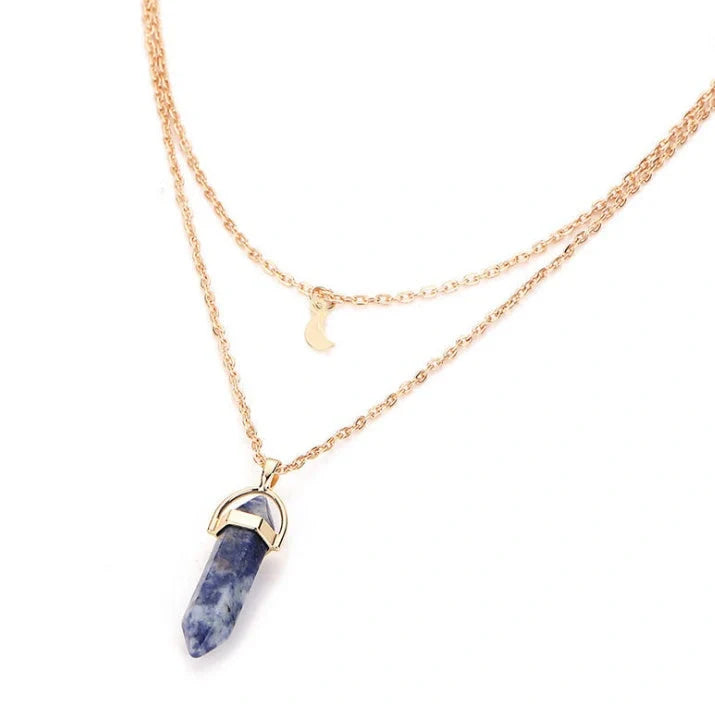 Elegant hexagonal natural stone necklace with double moon pendant in various colours