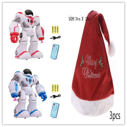 Remote-controlled dancing robot toy with gesture-sensing controls, preprogrammed songs and dances, and customizable programming capabilities