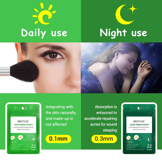 Discreet tea tree spot patches to fade acne marks and blemishes, with a transparent and ultra-thin design for natural-looking coverage.