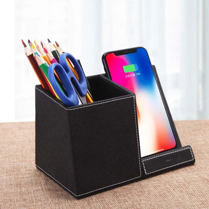 Premium Leather Wireless Charging Station with Pen Holder - Sleek and Versatile Desk Accessory