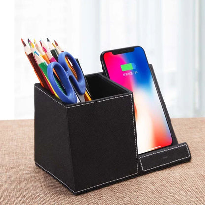 Premium Leather Wireless Charging Station with Pen Holder - Sleek and Versatile Desk Accessory