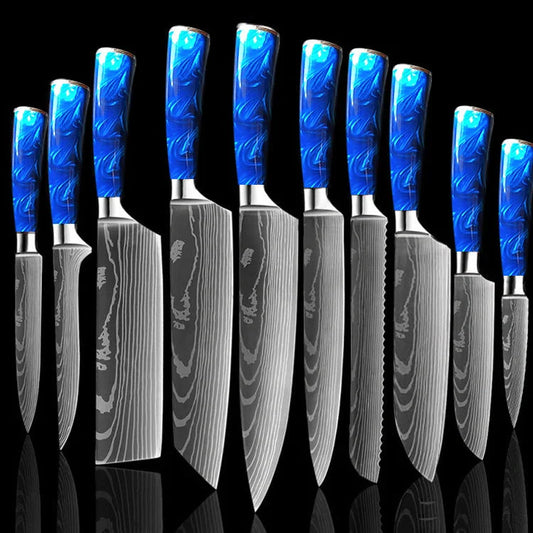 Premium 8-inch Chef Knife with elegant blue resin handle and stainless steel blade