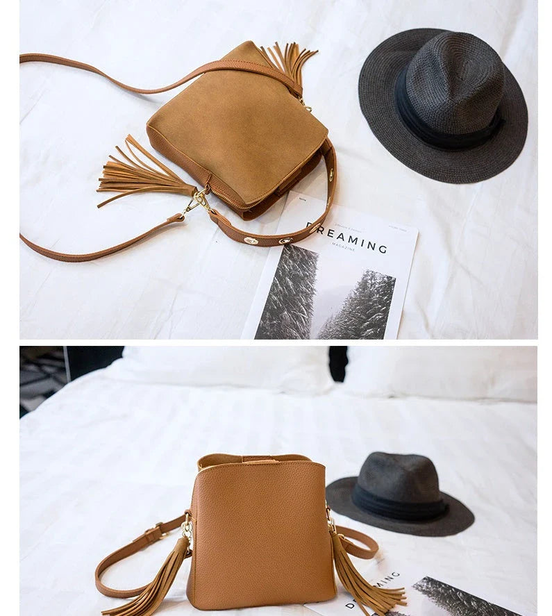 Trendy frosted tassel bucket bag in a range of classic colors, featuring a spacious interior and a dedicated camera pocket for maximum convenience.