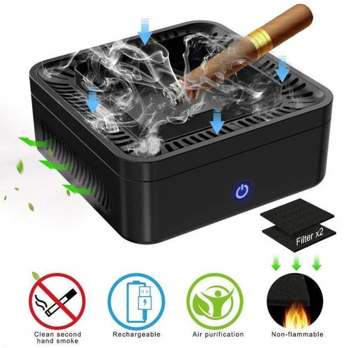 Portable USB rechargeable smokeless ashtray with air filter in black