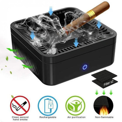 Portable USB rechargeable smokeless ashtray with air filter in black