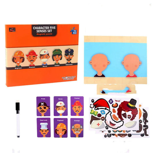 Versatile magnetic puzzle toy with vertical board, magnetic pieces, and rewritable drawing surface for early learning and creativity