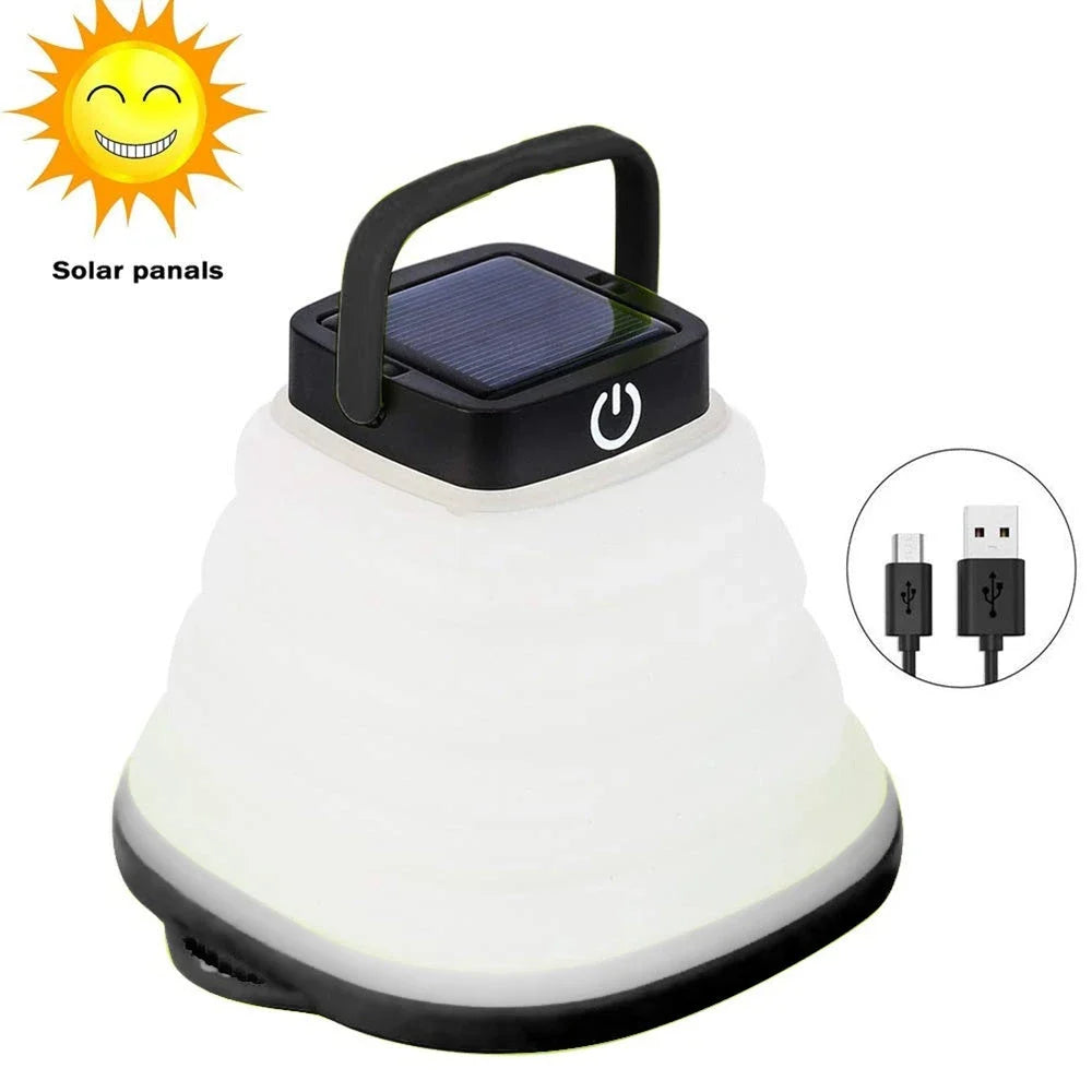 Collapsible camping lantern with solar charging, three brightness levels, and water-resistant design