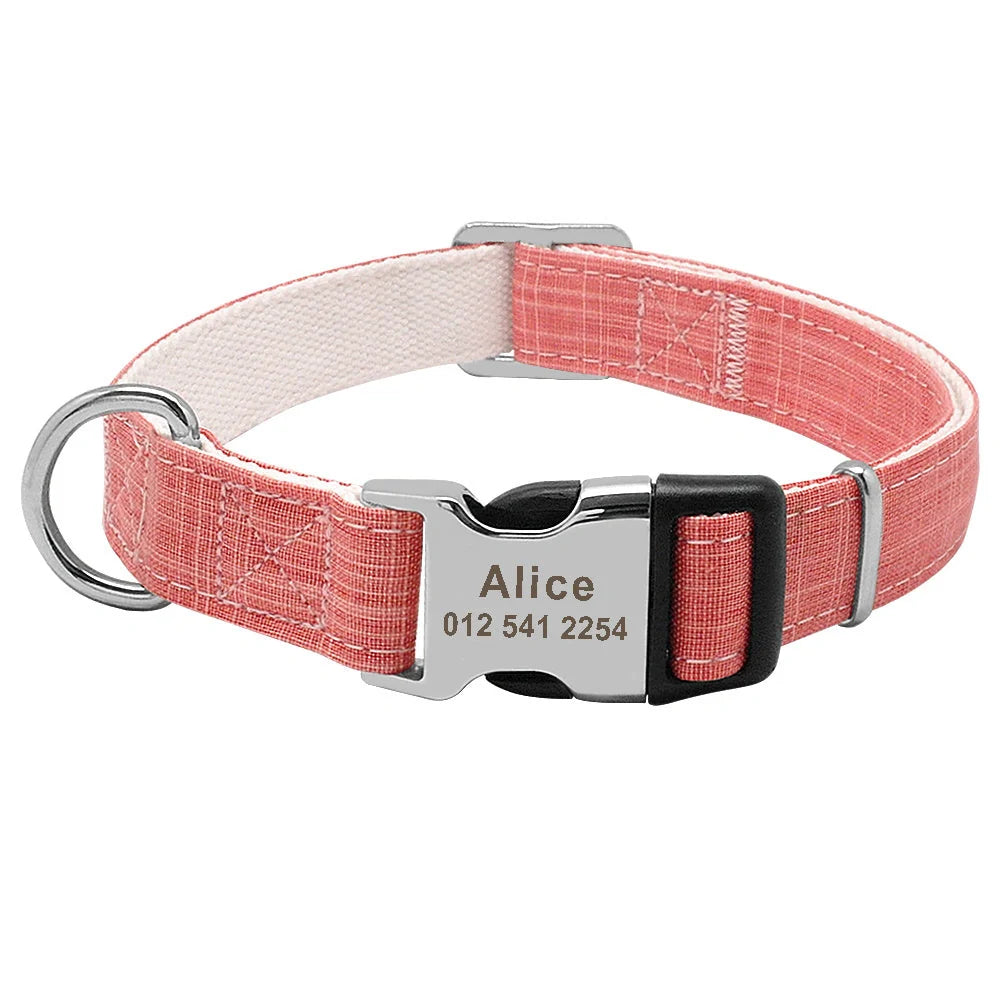Customisable nylon dog collar with engraved dog tag in various colours