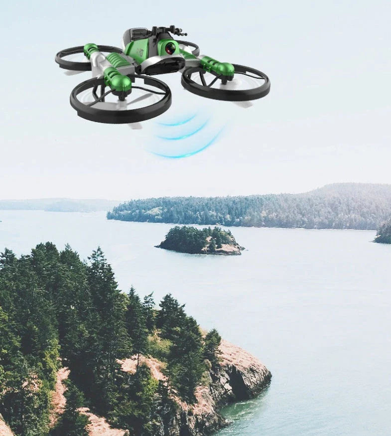 A foldable 2-in-1 drone and motorcycle hybrid with a 0.3MP camera, altitude hold, and intuitive controls for versatile aerial and ground exploration.