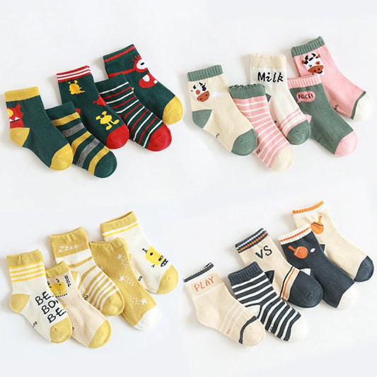 Kids' cartoon jacquard cotton socks in various fun designs for comfort and style