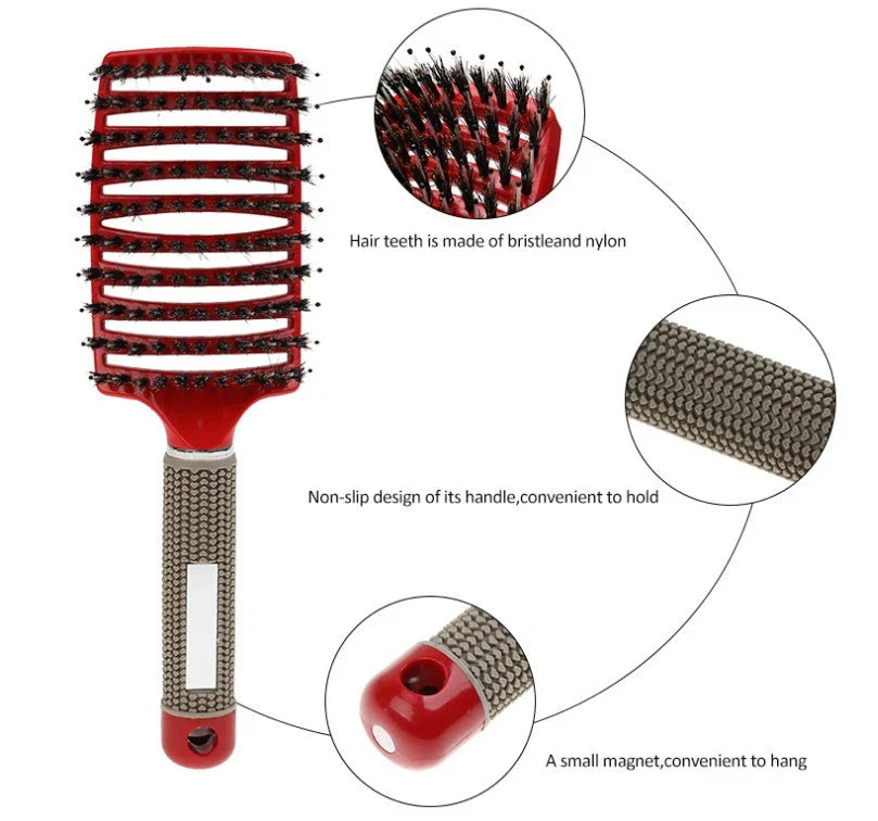 A premium hair brush with a sleek design, featuring soft bristles and a rounded massage function for healthy, detangled hair