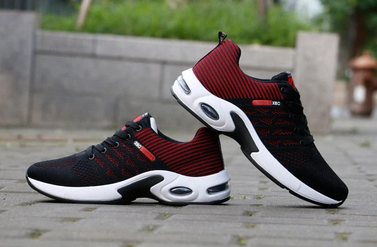 Men's breathable lace-up sports shoes in blue, black, grey, and black red