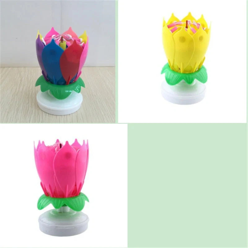 Musical Lotus Candles in various colours, showcasing the elegant lotus design and music feature