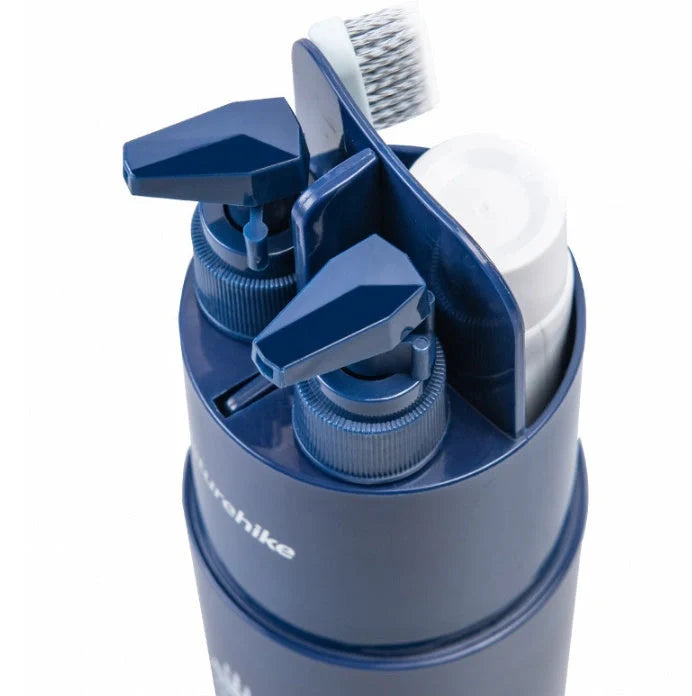 Multifunctional wash cup set including bottles, cup, mirror, and comb in durable PC and ABS materials