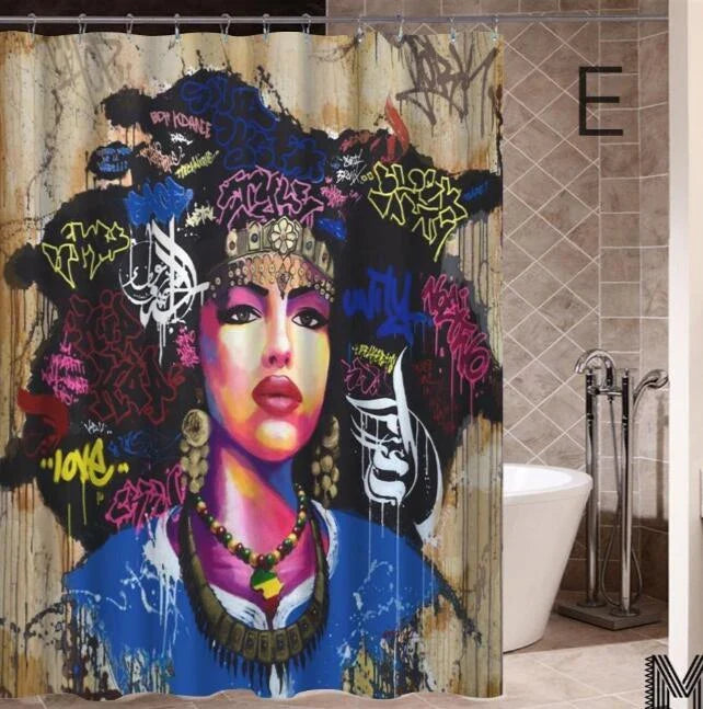 Vibrant African-inspired shower curtain with portrait of a beautiful African girl wearing earrings and bold hairstyle