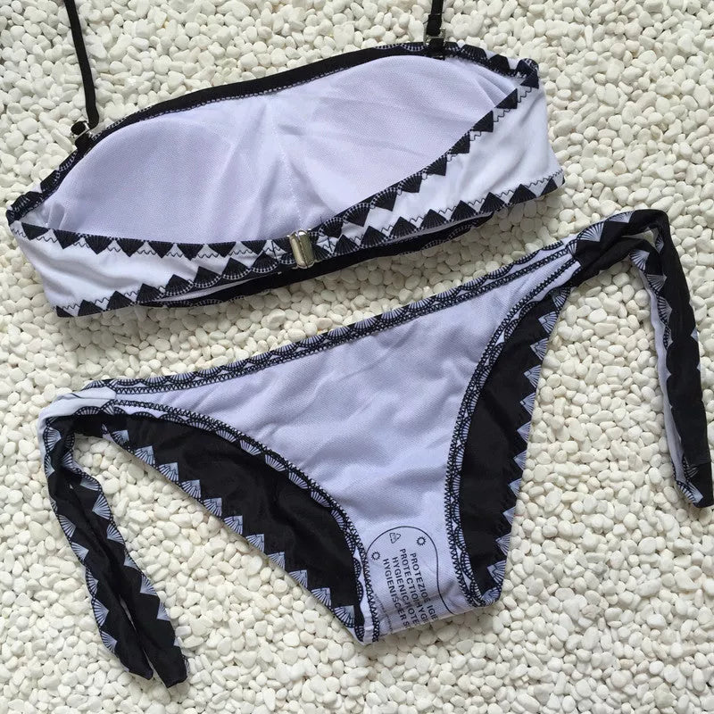 Women's strapless bikini set with tie-side bottoms in durable polyester blend