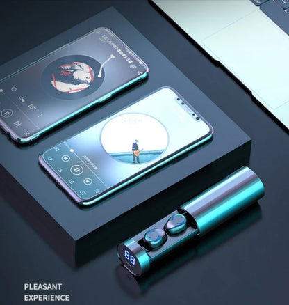 Wireless Bluetooth headset with dual earphones, magnetic charging case, and touch controls for seamless wireless audio experience