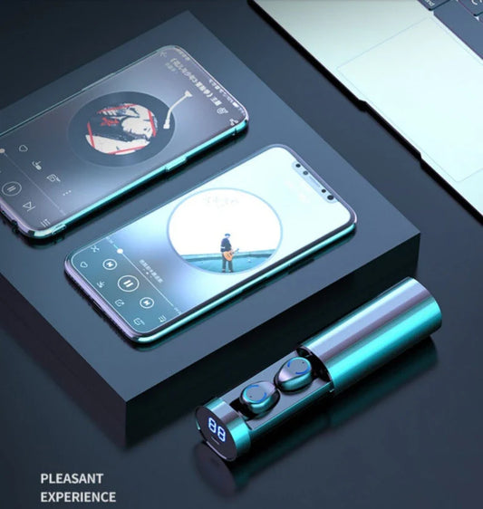 Wireless Bluetooth headset with dual earphones, magnetic charging case, and touch controls for seamless wireless audio experience