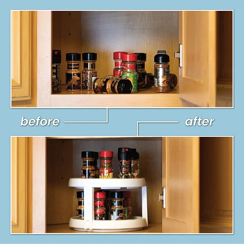 Two-tier rotary kitchen spice organiser in grey and white