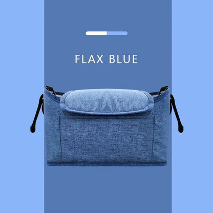 Stylish baby pram organiser bag made of premium cotton and linen materials, featuring various compartments and colour options to keep your child's essentials organised.