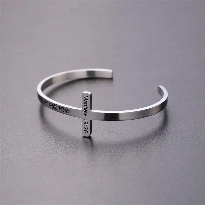 Titanium steel bracelet with scripture cross lettering in silver