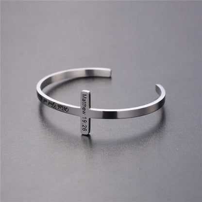 Titanium steel bracelet with scripture cross lettering in silver