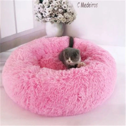 Cosy round plush cat mattress for winter warmth, available in various colours and sizes