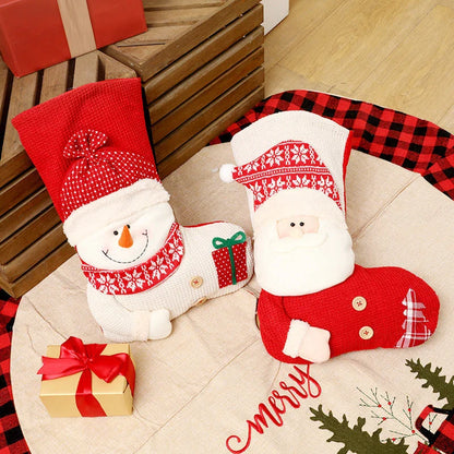 Cozy knit Christmas stocking with classic Santa Claus or whimsical snowman design for festive fireplace and tree decor