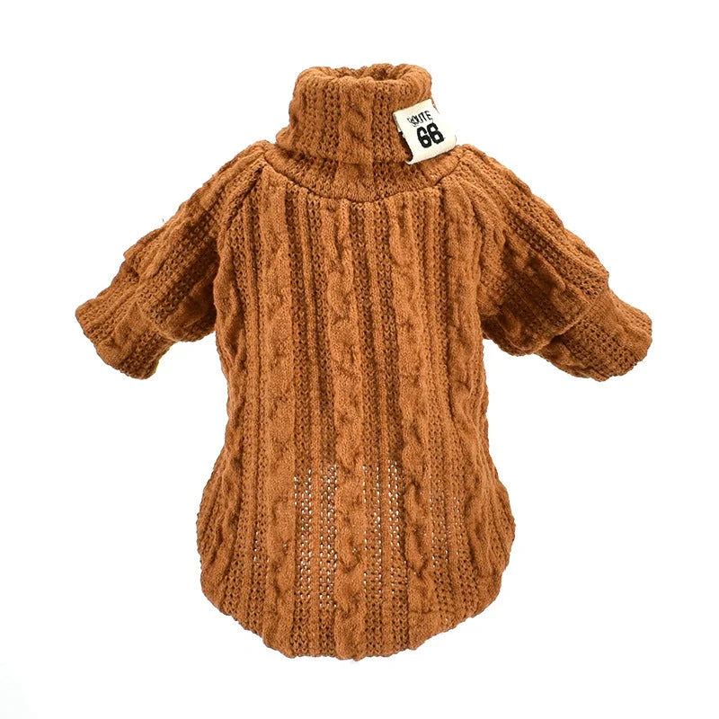 Dog wearing a warm acrylic turtleneck sweater in various colours, suitable for small to medium breeds.