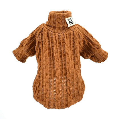 Dog wearing a warm acrylic turtleneck sweater in various colours, suitable for small to medium breeds.
