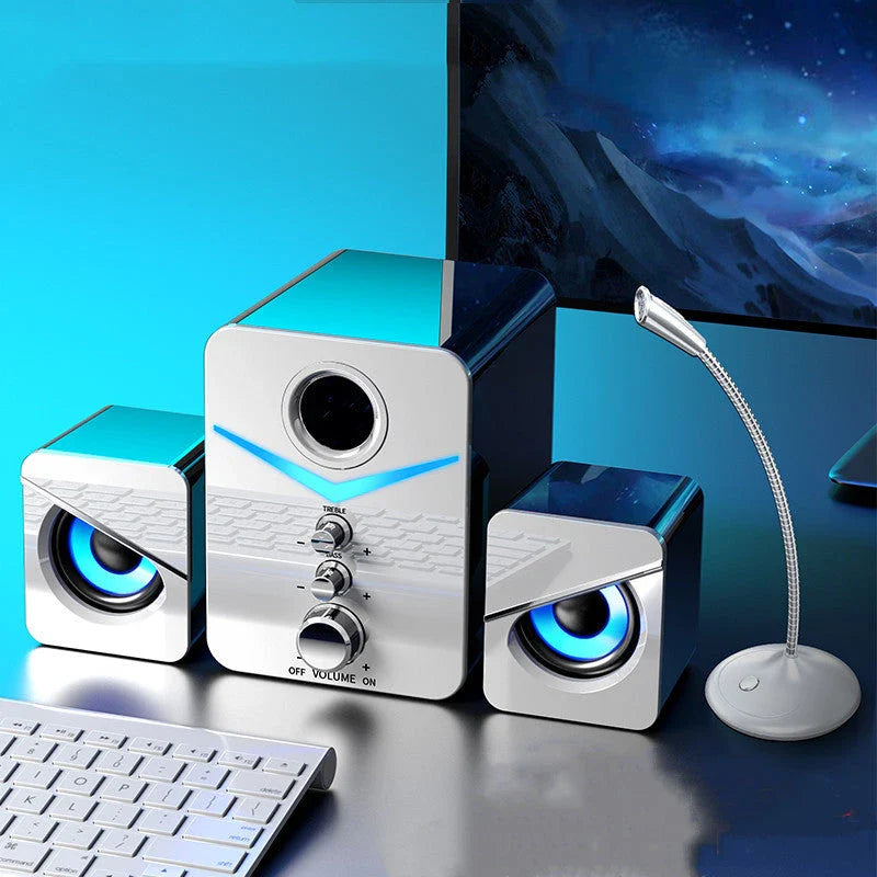 Wireless Bluetooth desktop speaker with vibrant LED lighting, providing rich, room-filling sound and customizable controls for the perfect audio experience.