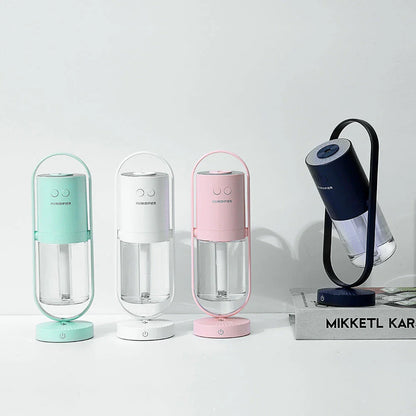Compact USB Powered Desktop Humidifier with Ambient Lighting, featuring adjustable mist nozzle and romantic starry projection