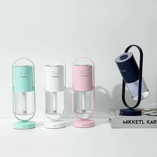 Compact USB Powered Desktop Humidifier with Ambient Lighting, featuring adjustable mist nozzle and romantic starry projection