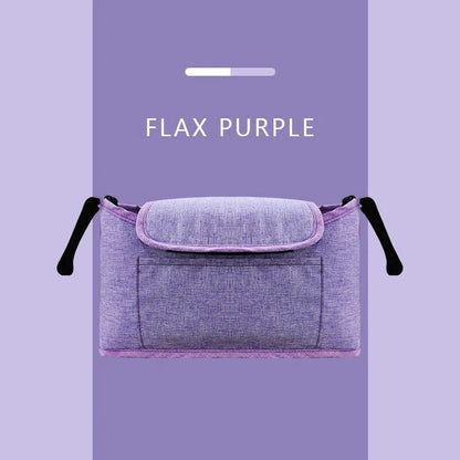 Stylish baby pram organiser bag made of premium cotton and linen materials, featuring various compartments and colour options to keep your child's essentials organised.