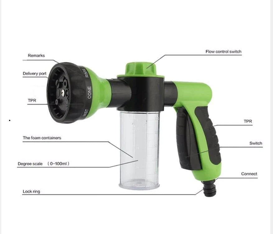 A premium high-pressure automotive foam sprayer with adjustable 8-in-1 spray settings for efficient car washing, garden maintenance, and household cleaning