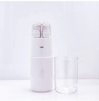 Multifunctional wash cup set including bottles, cup, mirror, and comb in durable PC and ABS materials