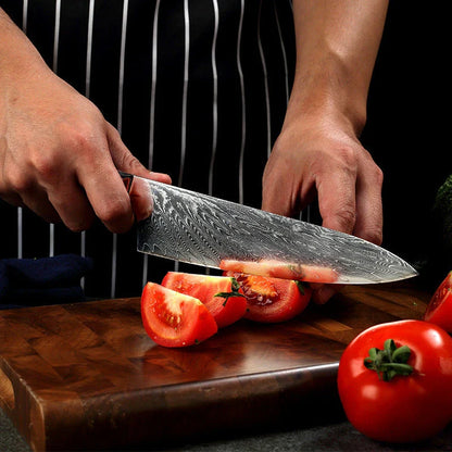 Exquisite Japanese Damascus Steel Chef's Knife with Stunning Brocade Pattern and Ergonomic Resin Wood Handle