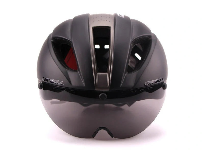 Aero cycling helmet with magnetic lens and adjustable fit for competitive cyclists