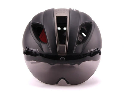 Aero cycling helmet with magnetic lens and adjustable fit for competitive cyclists