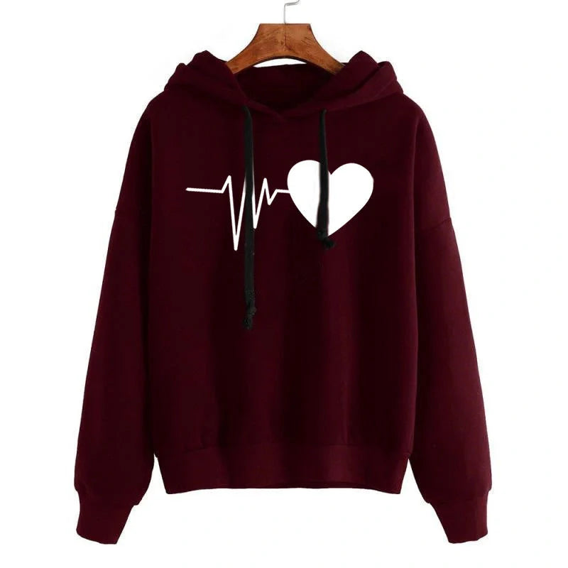 Women's heart print streetwear hoodie in various colours and sizes
