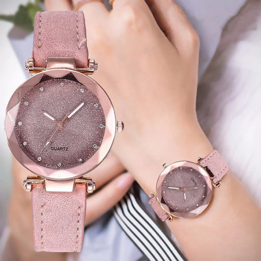 Starry Sky Women's Watch with Rhinestone Accents - Leather Strap in Various Colors