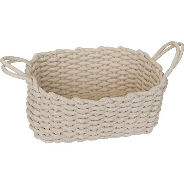 Hand-woven cotton rope storage basket in grey and white colours, featuring a minimalist nordic design for practical and stylish home organisation