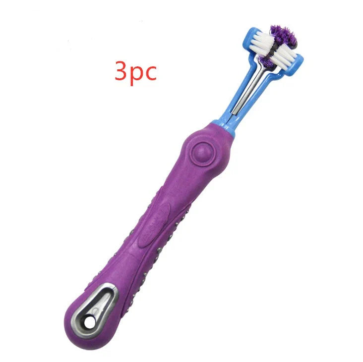 Premium Triple-Headed Pet Toothbrush in various colours, designed to effectively clean pets' teeth and eliminate bad breath and tartar build-up.