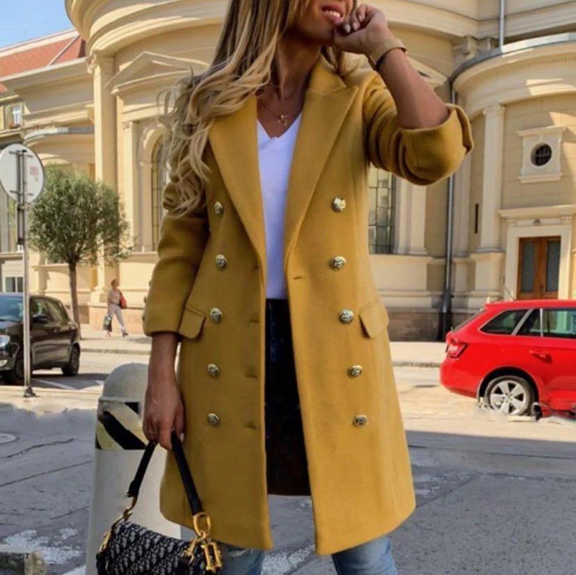 Elegant women's wool double-breasted mid-length coat for autumn and winter